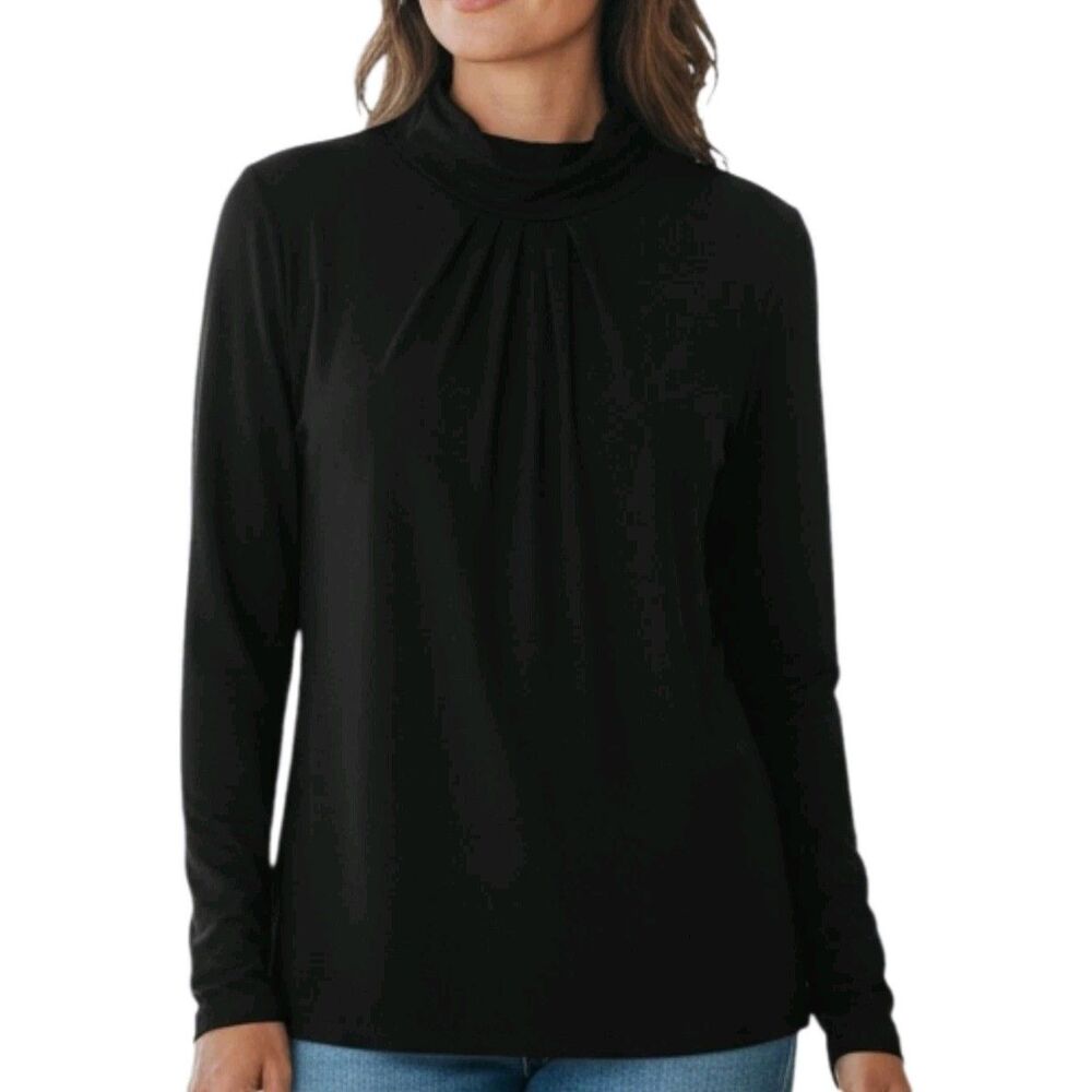 Susan Graver Pleated Mockneck Plus Size 1X Black Long Sleeve Stretch Lightweight